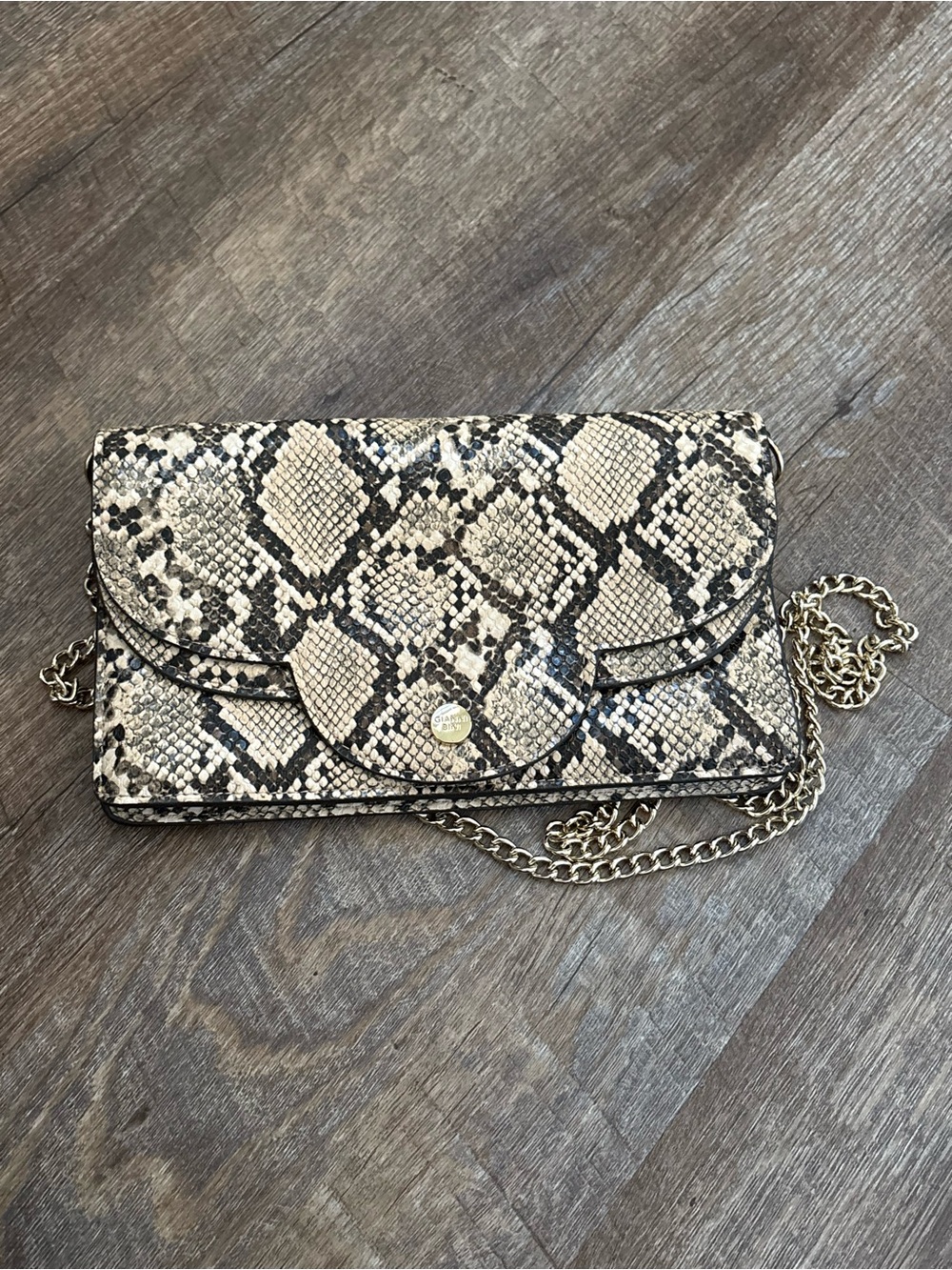 Gianni Bini Snake-Print Crossbody in Beige and Black with Chain Strap